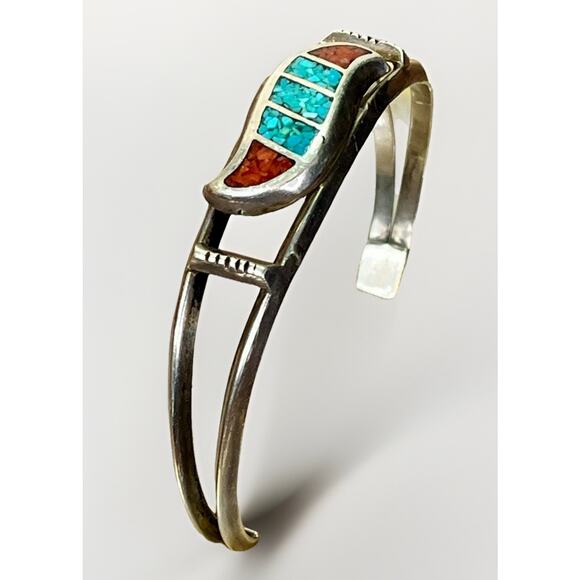 VTG Sterling Silver Turquoise Coral Chip Inlay Cuff Bracelet Navajo Style 19.9g - Picture 2 of 16